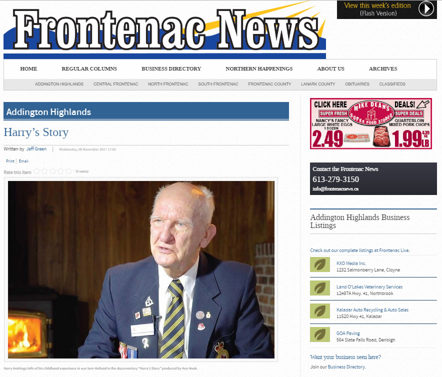 Harry's Story - Frontenac News Nov 2017 Article